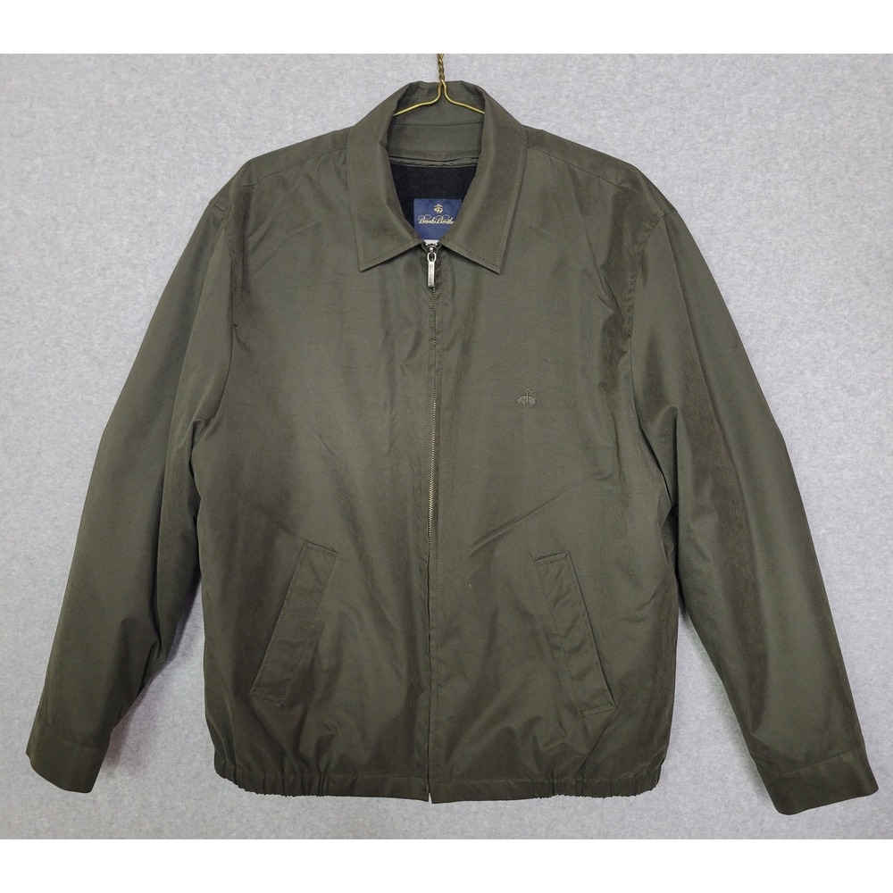Brooks Brothers Mens Bomber Jacket Large Olive Green Wool Blend Lining Zip